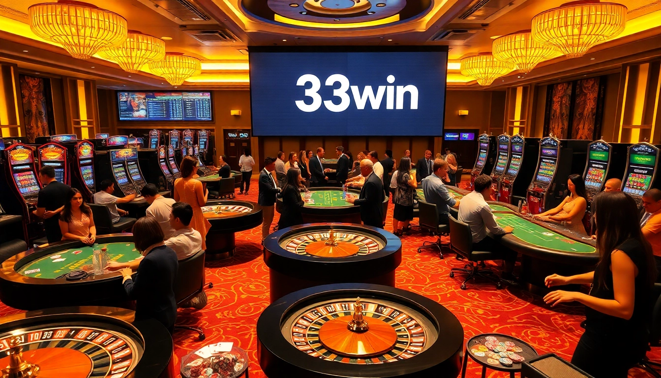 Exciting gamblers enjoying various games at 33win casino, featuring roulette, poker, and slots.