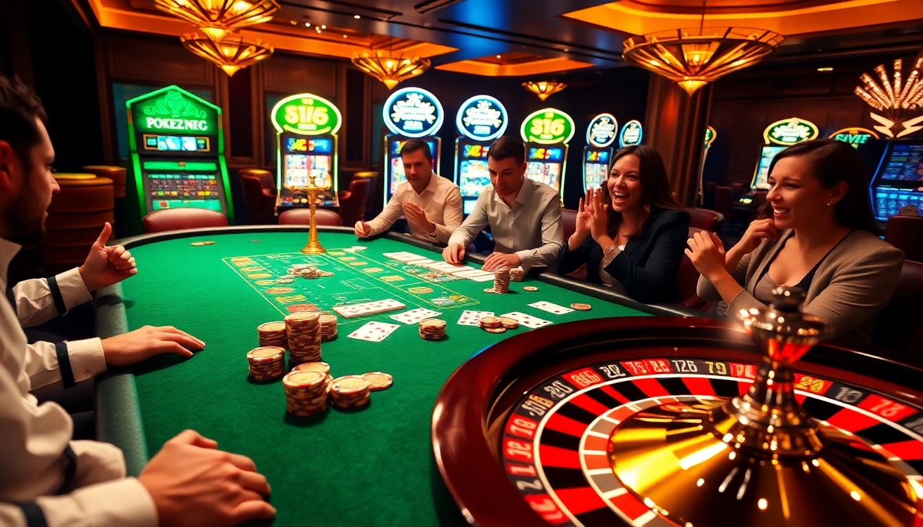 Players engage at a poker table reflecting the excitement of https://f168.sarl/ combined with classic casino elements.